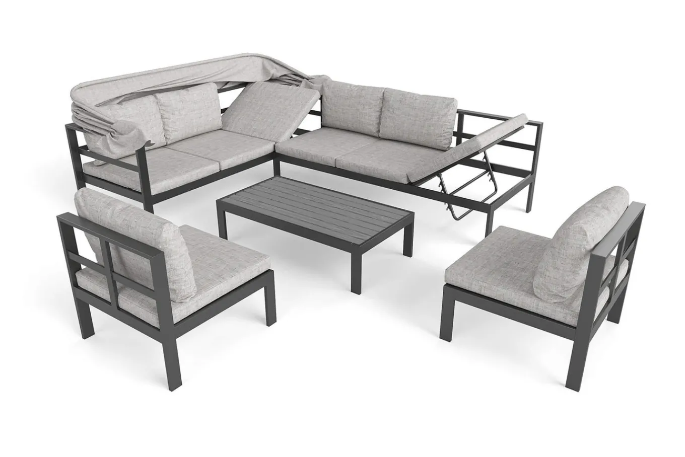 Hot Gartenlounge 5-teilig, schwarz/grau, Aluminium, pflegeleicht, mit Reißverschluss, UV-beständig, wasserabweisend Gartenlounge