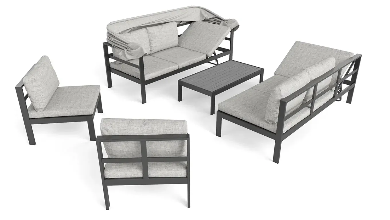 Hot Gartenlounge 5-teilig, schwarz/grau, Aluminium, pflegeleicht, mit Reißverschluss, UV-beständig, wasserabweisend Gartenlounge