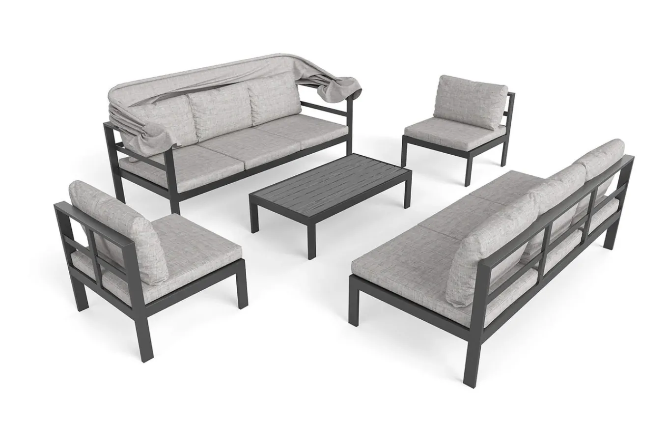 Hot Gartenlounge 5-teilig, schwarz/grau, Aluminium, pflegeleicht, mit Reißverschluss, UV-beständig, wasserabweisend Gartenlounge