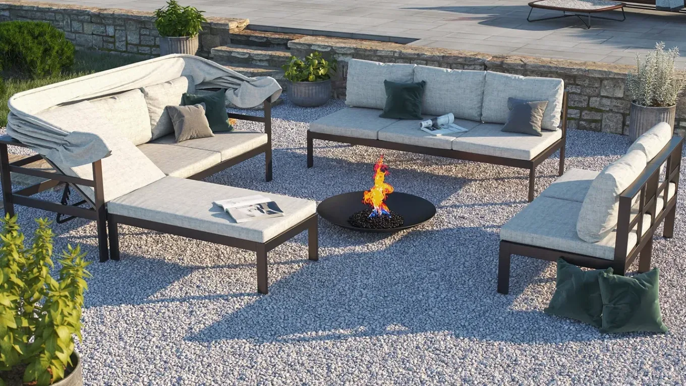 Hot Gartenlounge 5-teilig, schwarz/grau, Aluminium, pflegeleicht, mit Reißverschluss, UV-beständig, wasserabweisend Gartenlounge