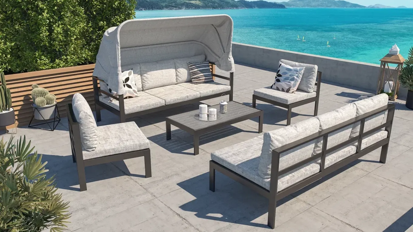 Hot Gartenlounge 5-teilig, schwarz/grau, Aluminium, pflegeleicht, mit Reißverschluss, UV-beständig, wasserabweisend Gartenlounge