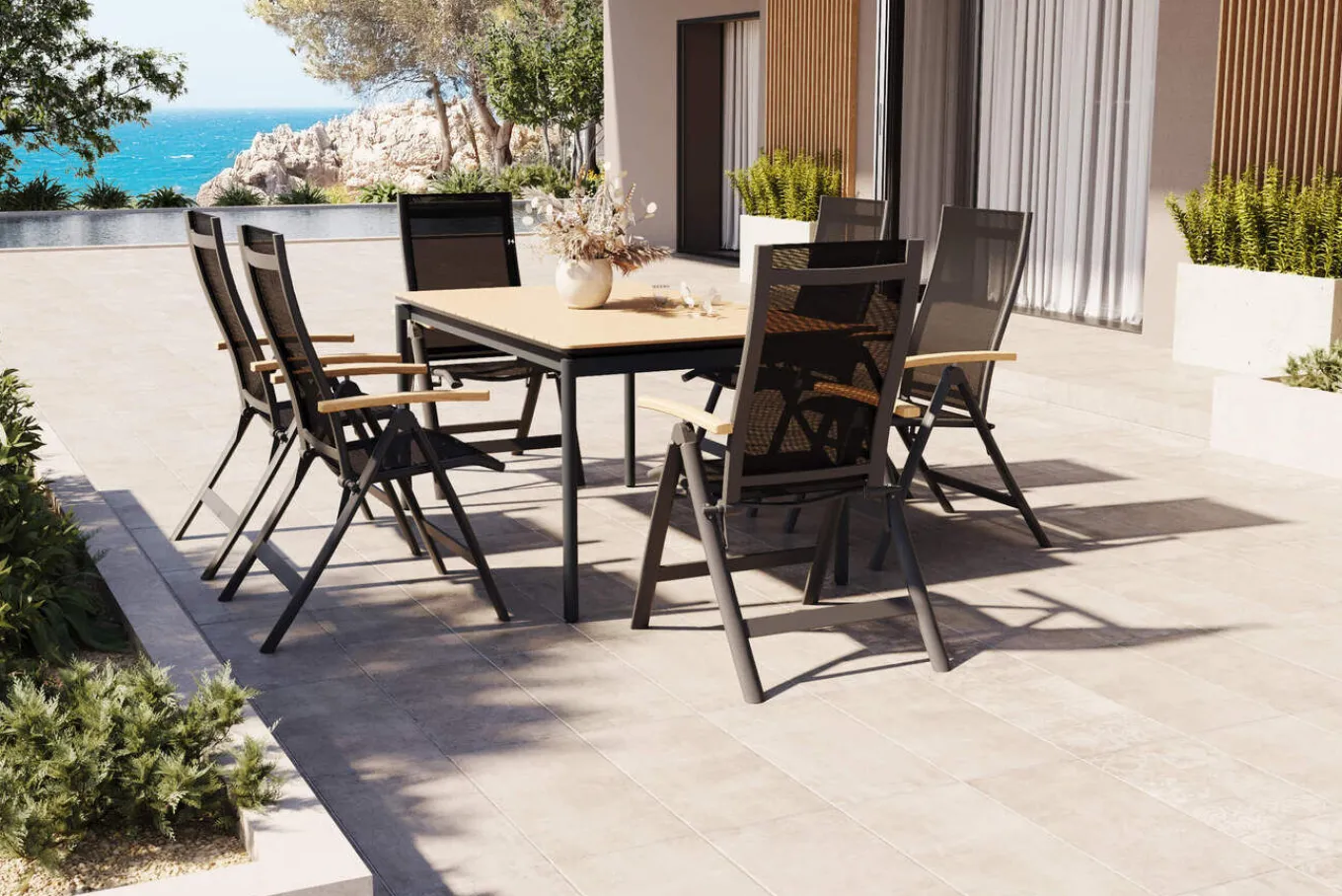 Online Glasgow Garten-Essgruppe für 6 Personen, anthrazit matt/natur, Alu/Holzimitat, klappbar,pulverbeschichtet Aluminium-Gartenmöbel