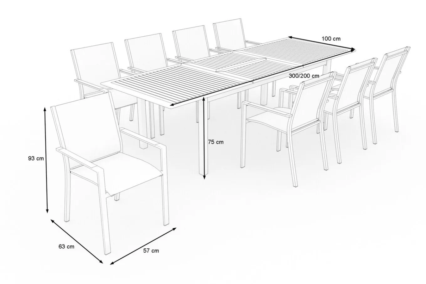 Discount Glasgow Garten-Essgruppe für 8 Personen, Edelstahl/Textilene, ausziehbarer Tisch 200/300 x 100 cm, stapelbare Sessel, FSC®-zertifiziertes Produkt Garten-Essgruppen|Aluminium-Gartenmöbel