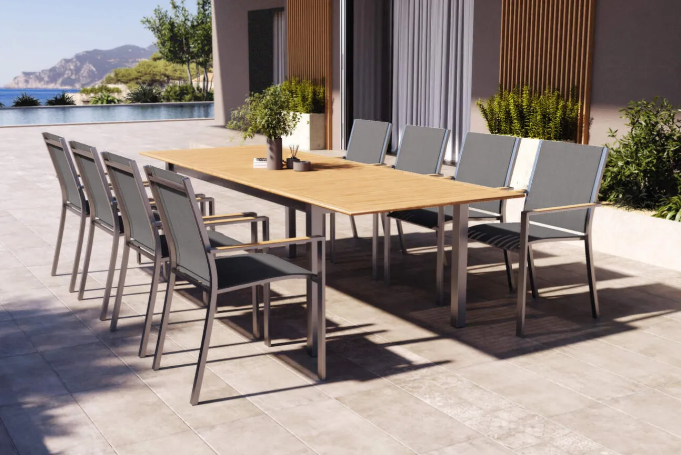 Discount Glasgow Garten-Essgruppe für 8 Personen, Edelstahl/Textilene, ausziehbarer Tisch 200/300 x 100 cm, stapelbare Sessel, FSC®-zertifiziertes Produkt Garten-Essgruppen|Aluminium-Gartenmöbel