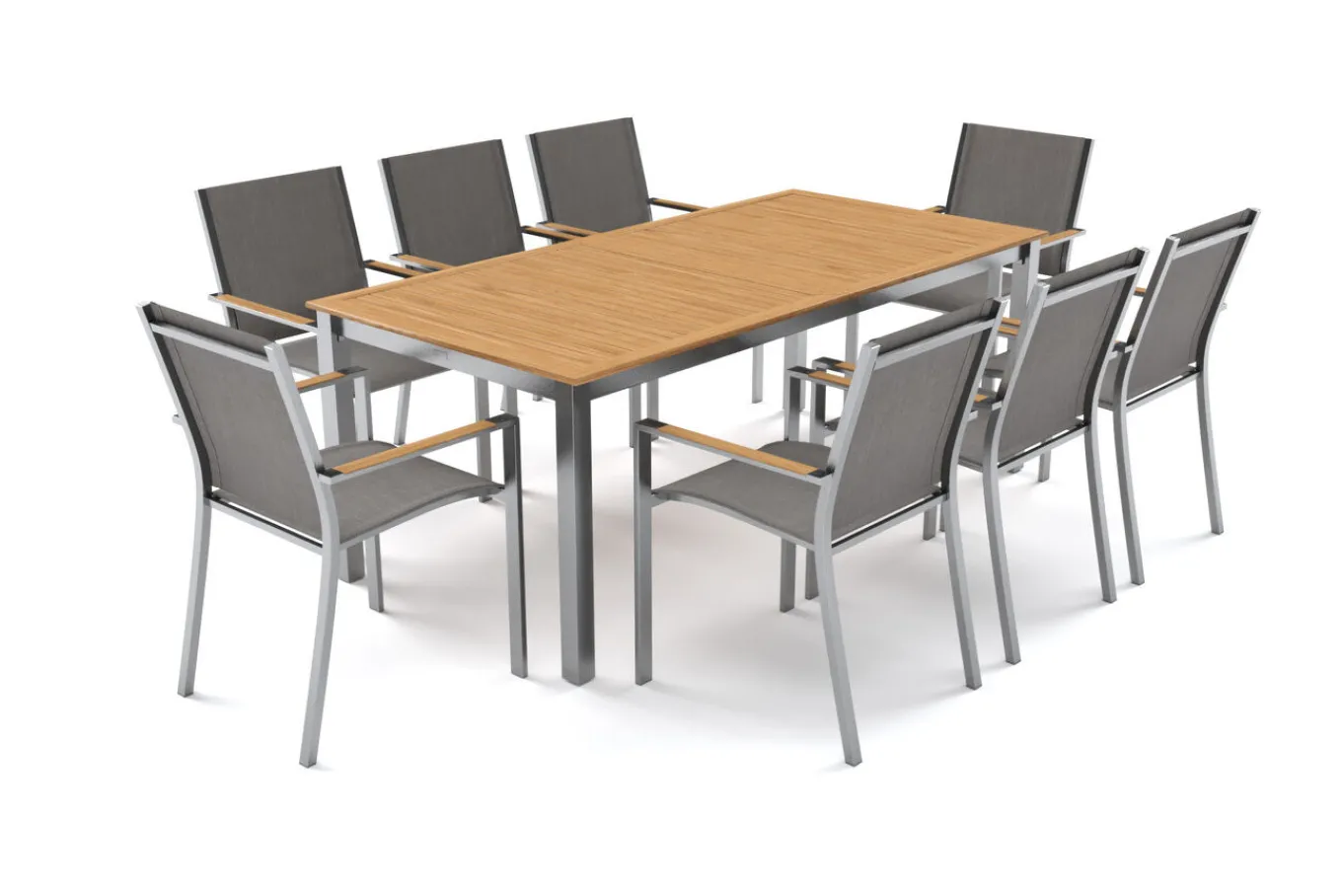 Discount Glasgow Garten-Essgruppe für 8 Personen, Edelstahl/Textilene, ausziehbarer Tisch 200/300 x 100 cm, stapelbare Sessel, FSC®-zertifiziertes Produkt Garten-Essgruppen|Aluminium-Gartenmöbel