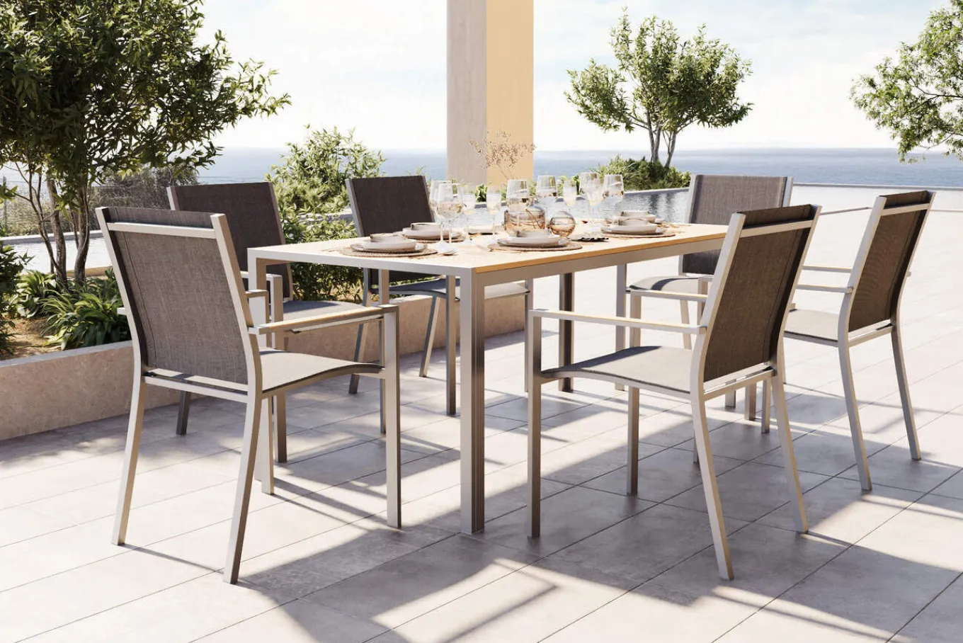 Glasgow Garten-Essgruppe für 6 Personen, schwarz/natur, Edelstahl/Textilene, 180 x 90 cm, stapelbar, FSC®-zertifiziertes Produkt Garten-Essgruppen|Aluminium-Gartenmöbel