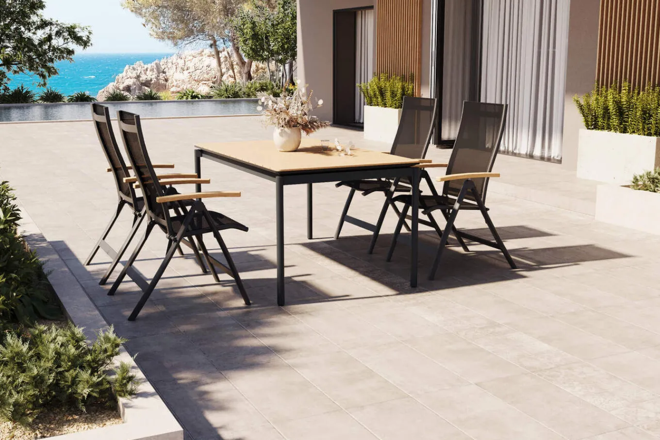 Online Glasgow Garten-Essgruppe für 4 Personen, anthrazit matt/natur, Alu/Edelstahl, klappbar, pulverbeschichtet Garten-Essgruppen|Aluminium-Gartenmöbel