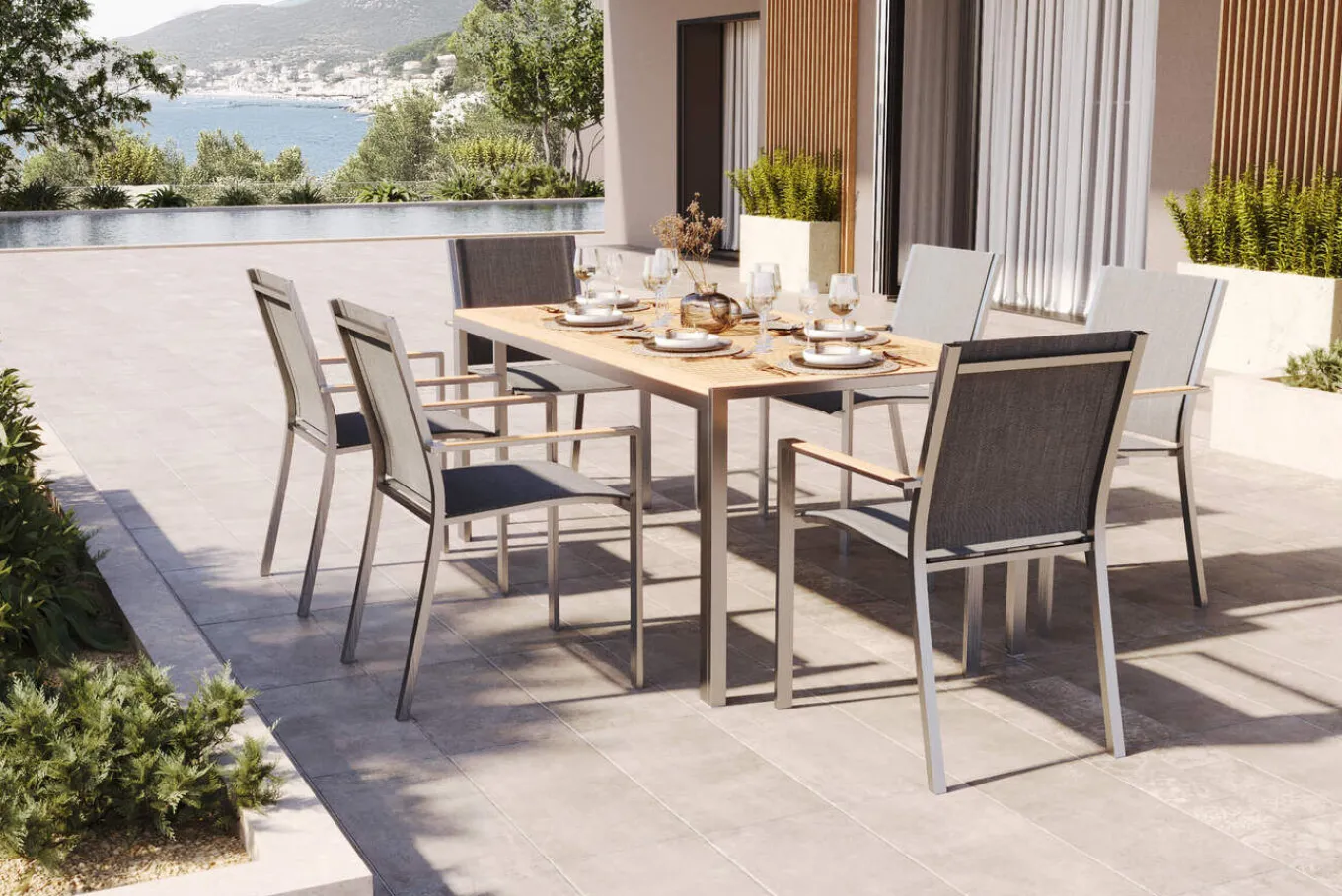Sale Glasgow Garten-Essgruppe mit 6 Sesseln, schwarz/natur, Edelstahl/Textilene, Esstisch 200 x 90 cm, stapelbare Sessel, FSC®-zertifiziertes Produkt Garten-Essgruppen|Aluminium-Gartenmöbel