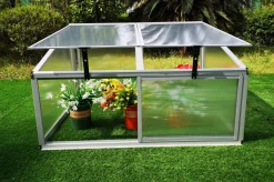 New Hochbeetaufsatz mit Schiebetüren, silber, Alu/Polycarbonat, 116x86x60 cm, pulverbeschichtet Hochbeet|Gartenmöbel-Zubehör & Ersatzteile