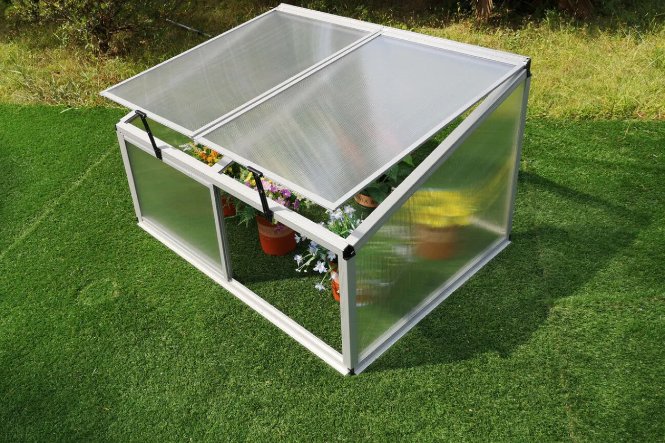 New Hochbeetaufsatz mit Schiebetüren, silber, Alu/Polycarbonat, 116x86x60 cm, pulverbeschichtet Hochbeet|Gartenmöbel-Zubehör & Ersatzteile