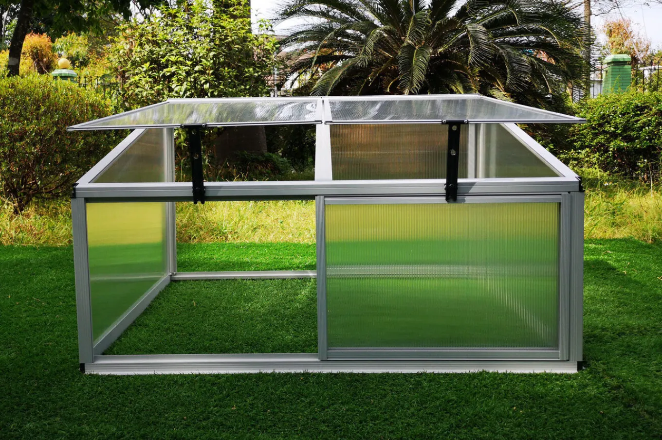 New Hochbeetaufsatz mit Schiebetüren, silber, Alu/Polycarbonat, 116x86x60 cm, pulverbeschichtet Hochbeet|Gartenmöbel-Zubehör & Ersatzteile