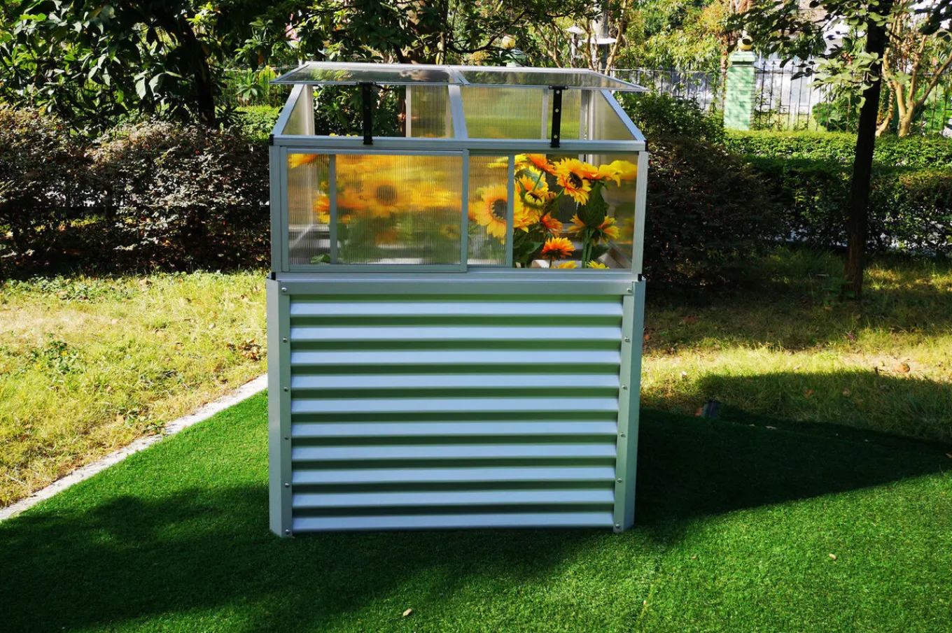 New Hochbeetaufsatz mit Schiebetüren, silber, Alu/Polycarbonat, 116x86x60 cm, pulverbeschichtet Hochbeet|Gartenmöbel-Zubehör & Ersatzteile