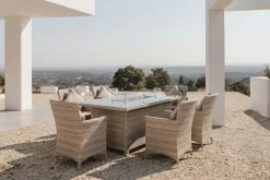 Discount Ignacio Garten-Essgruppe mit 6 Sesseln, beige, Alu/Polyrattan, 200 x 100 cm, Tisch mit Feuerstelle Polyrattan-Gartenmöbel|Garten-Essgruppen