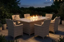 Discount Ignacio Garten-Essgruppe mit 6 Sesseln, beige, Alu/Polyrattan, 200 x 100 cm, Tisch mit Feuerstelle Polyrattan-Gartenmöbel|Garten-Essgruppen