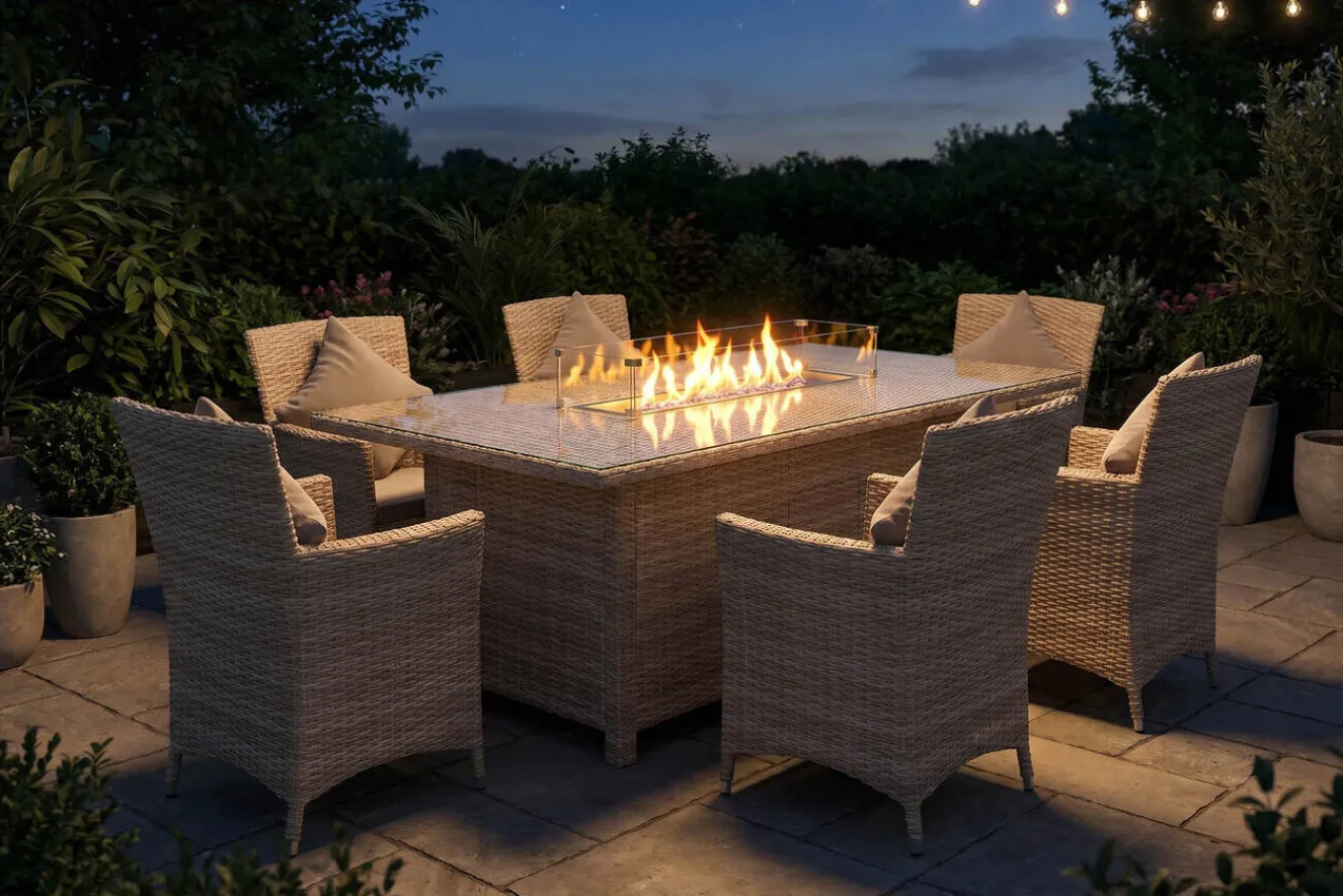 Discount Ignacio Garten-Essgruppe mit 6 Sesseln, beige, Alu/Polyrattan, 200 x 100 cm, Tisch mit Feuerstelle Polyrattan-Gartenmöbel|Garten-Essgruppen