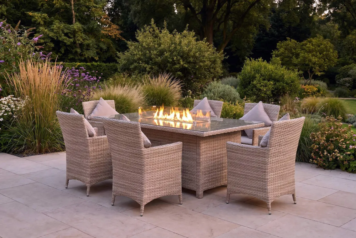 Discount Ignacio Garten-Essgruppe mit 6 Sesseln, beige, Alu/Polyrattan, 200 x 100 cm, Tisch mit Feuerstelle Polyrattan-Gartenmöbel|Garten-Essgruppen