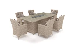 Discount Ignacio Garten-Essgruppe mit 6 Sesseln, beige, Alu/Polyrattan, 200 x 100 cm, Tisch mit Feuerstelle Polyrattan-Gartenmöbel|Garten-Essgruppen
