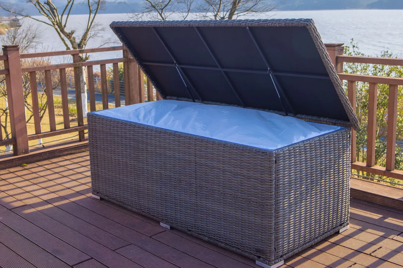 New Kissenbox L, grau, Polyrattan, 204x94x75cm Polyrattan-Gartenmöbel|Auflagenbox