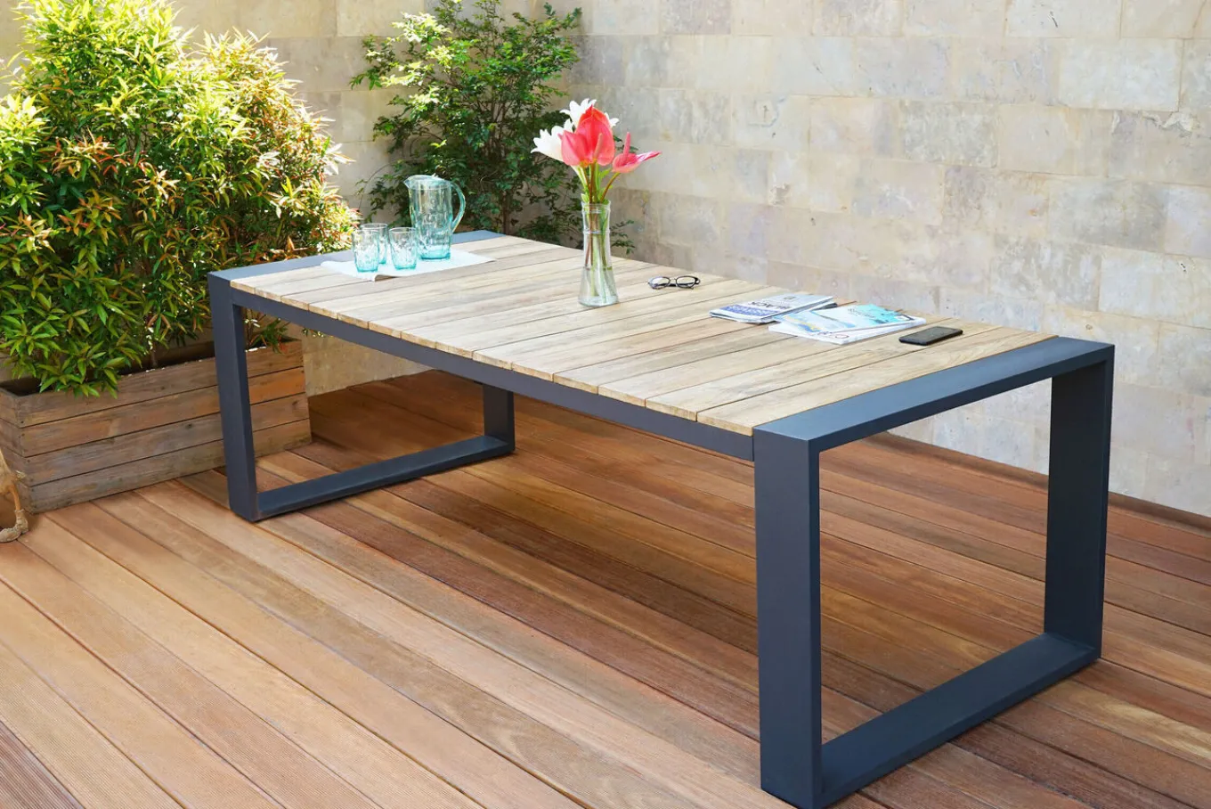 Discount Kona Esstisch, dark grey/natur, Alu/recyceltes Teak, 240x100x76cm, rustikal gebürstet, U-Gestell, FSC®-zertifiziertes Produkt Gartentische
