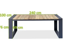 Discount Kona Esstisch, dark grey/natur, Alu/recyceltes Teak, 240x100x76cm, rustikal gebürstet, U-Gestell, FSC®-zertifiziertes Produkt Gartentische