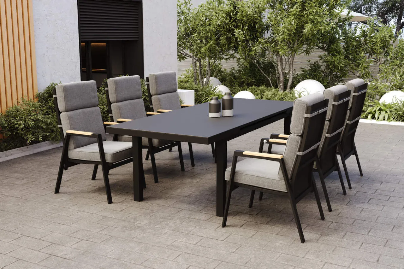 Sale Korba Garten-Essgruppe, 6 Personen, ausziehbarer Tisch 180–240 cm, Aluminium/Teak, inkl. Polster Garten-Essgruppen|Aluminium-Gartenmöbel
