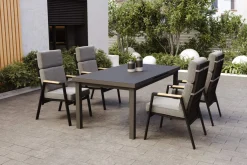 Clearance Korba Garten-Essgruppe mit 4 Sesseln, anthrazit matt, Alu/Teak, ausziehbarer Tisch 180/240 x 100 cm, inkl. Polster Garten-Essgruppen|Aluminium-Gartenmöbel