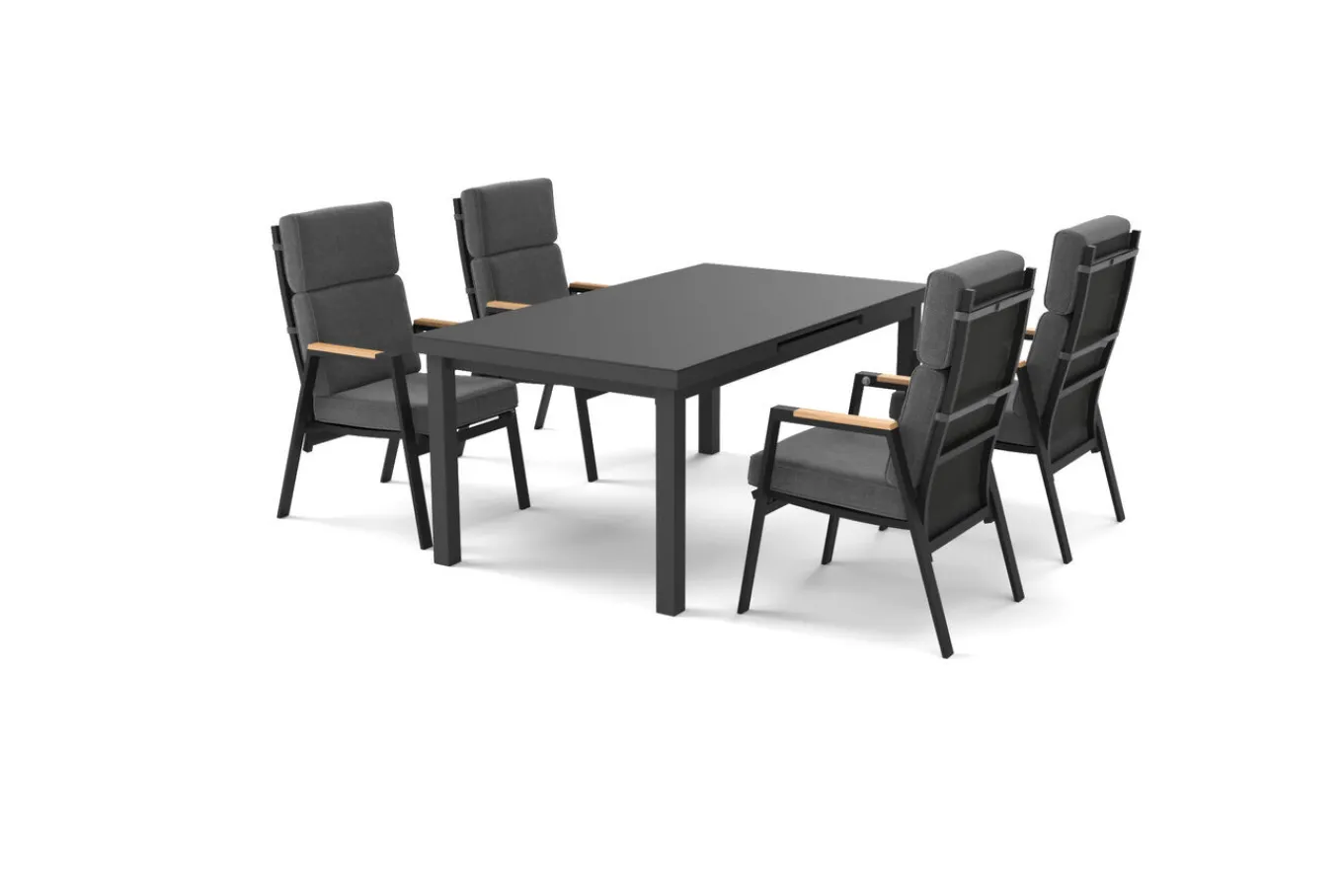Clearance Korba Garten-Essgruppe mit 4 Sesseln, anthrazit matt, Alu/Teak, ausziehbarer Tisch 180/240 x 100 cm, inkl. Polster Garten-Essgruppen|Aluminium-Gartenmöbel