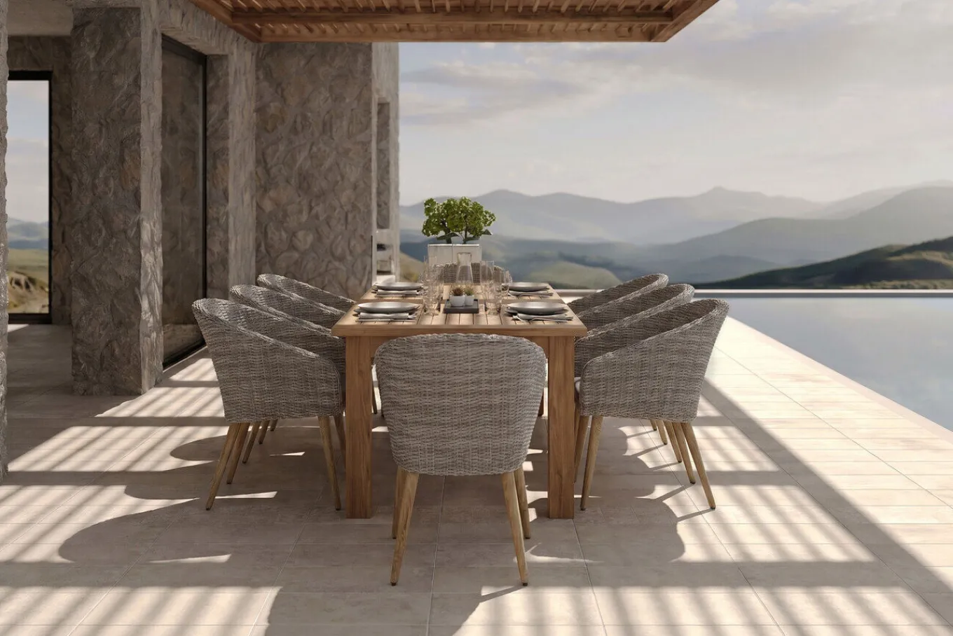 Kota Garten-Essgruppe, grau/natur, Akazie/Polyrattan/Alu, Ausziehbarer Tisch 180/220/260 x 100 cm, 8 Sessel, FSC®-zertifiziertes Produkt Garten-Essgruppen|Akazien-Gartenmöbel