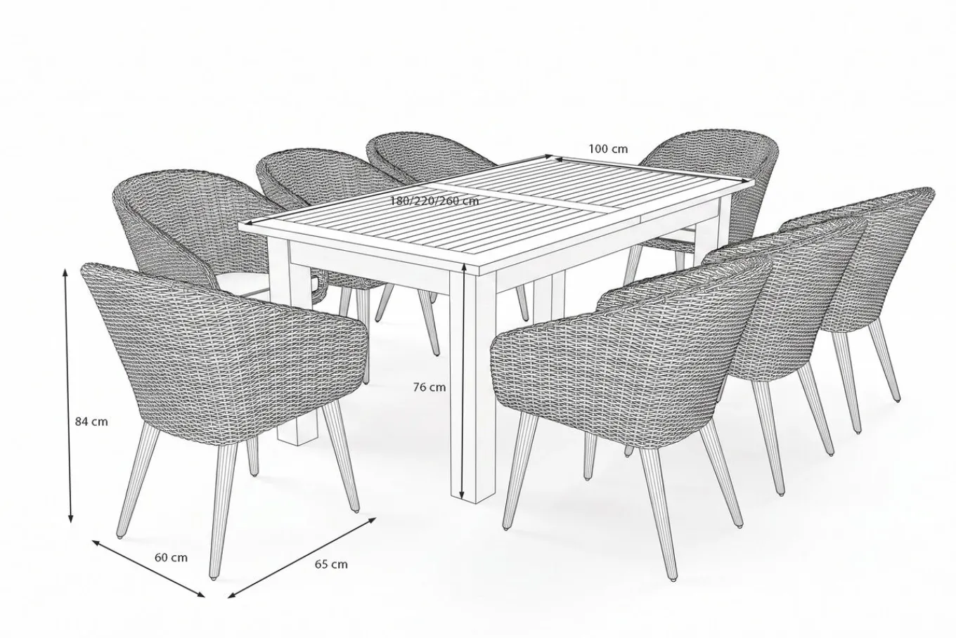 Kota Garten-Essgruppe, grau/natur, Akazie/Polyrattan/Alu, Ausziehbarer Tisch 180/220/260 x 100 cm, 8 Sessel, FSC®-zertifiziertes Produkt Garten-Essgruppen|Akazien-Gartenmöbel