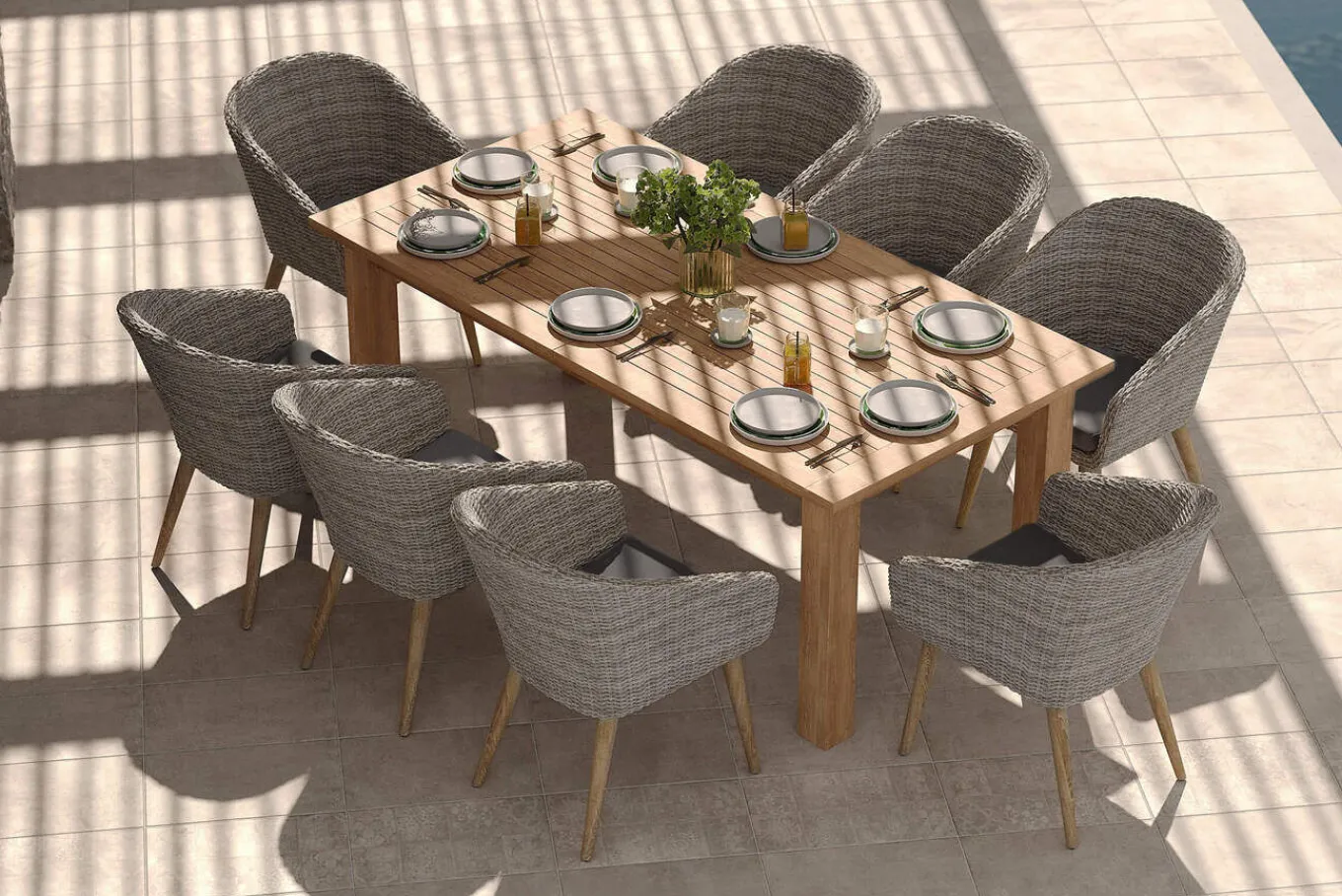 Kota Garten-Essgruppe, grau/natur, Akazie/Polyrattan/Alu, Ausziehbarer Tisch 180/220/260 x 100 cm, 8 Sessel, FSC®-zertifiziertes Produkt Garten-Essgruppen|Akazien-Gartenmöbel