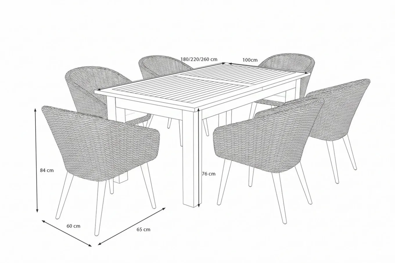 Online Kota Garten-Essgruppe, 6 Personen, ausziehbarer Tisch 180–260 cm, Akazie FSC®-zertifiziert/Polyrattan Garten-Essgruppen|Akazien-Gartenmöbel