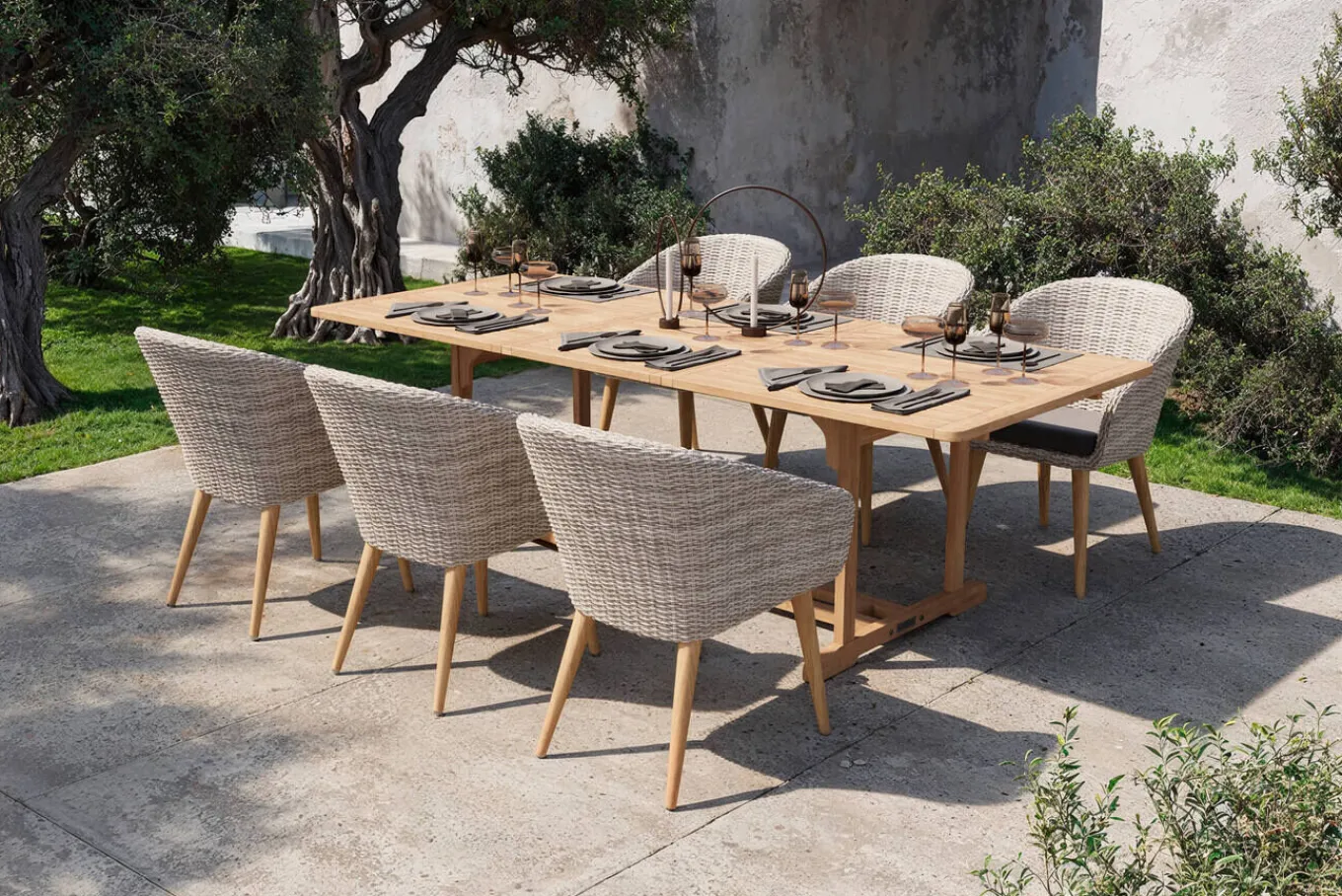 Hot Kota Garten-Essgruppe, grau/natur, Akazie/Polyrattan/Alu, Ausziehbar, 180/240 x 100 cm Tisch, 6 Sessel, FSC®-zertifiziertes Produkt Garten-Essgruppen|Akazien-Gartenmöbel