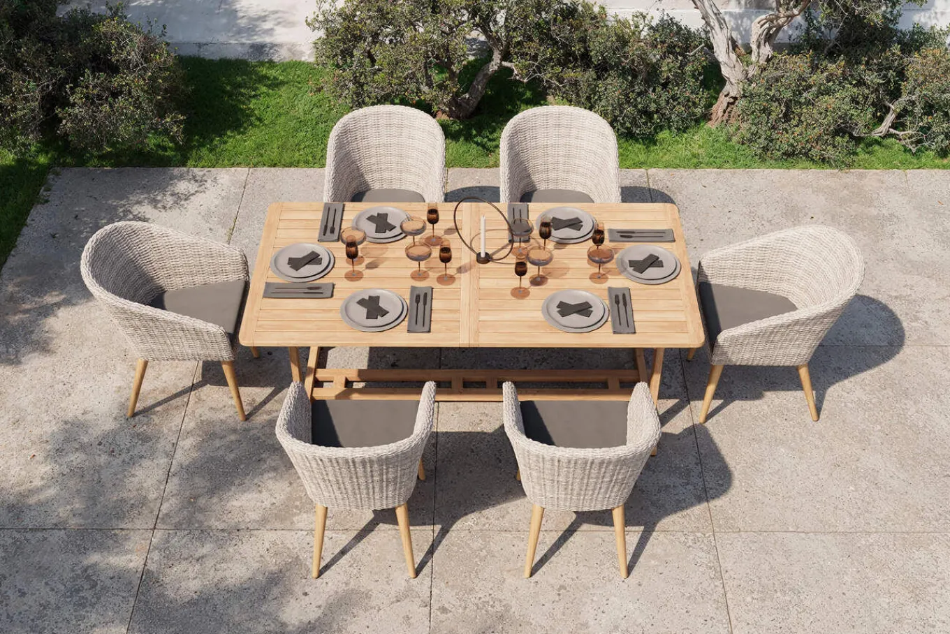 Hot Kota Garten-Essgruppe, grau/natur, Akazie/Polyrattan/Alu, Ausziehbar, 180/240 x 100 cm Tisch, 6 Sessel, FSC®-zertifiziertes Produkt Garten-Essgruppen|Akazien-Gartenmöbel