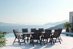 Best Lagos Garten-Essgruppe, anthrazit/grau, Alu/Textilene, Tisch 180/240 x 100 cm, 8 Klappstühle, inkl. Auflagen Garten-Essgruppen