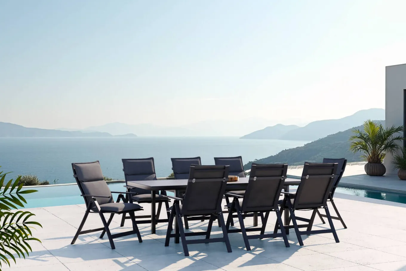 Best Lagos Garten-Essgruppe, anthrazit/grau, Alu/Textilene, Tisch 180/240 x 100 cm, 8 Klappstühle, inkl. Auflagen Garten-Essgruppen