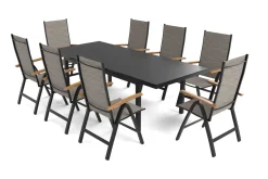 Hot Lagos Garten-Essgruppe, anthrazit/grau, Alu/Eukalyptus/Textilene, Tisch 180/240 x 100 cm, 8 Klappstühle, FSC®-zertifiziertes Produkt Garten-Essgruppen
