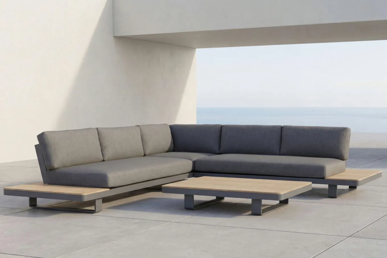 Las Vegas Ecklounge, anthrazit/grau, Alu/Teak, 5 Personen, Tisch 130x95 cm, FSC®-zertifiziertes Produkt Gartenlounge|Aluminium-Gartenmöbel