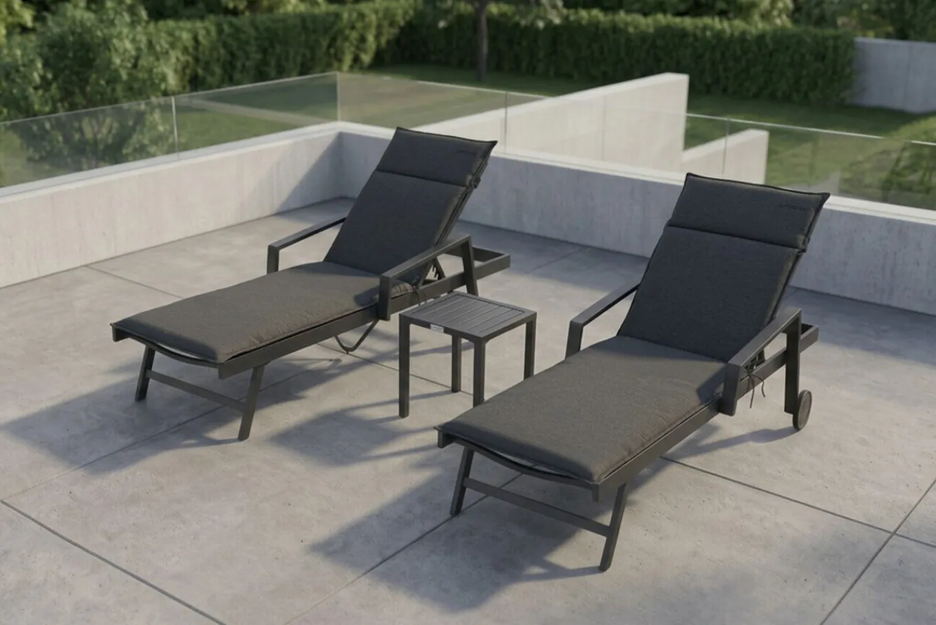Outlet Liegen-Set, anthrazit, Aluminium/Textilene/Polyester, Tisch 40 x 40 cm, 2 Auflagen, Rückenlehne verstellbar, mit Rollen Aluminium-Gartenmöbel
