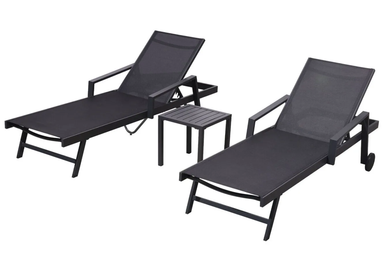 Liegen-Set, anthrazit/nature, Aluminium/Textilene/Polyester, Tisch 40 x 40 cm, 2 Auflagen, Rückenlehne verstellbar, rollbar Gartenliegen|Aluminium-Gartenmöbel