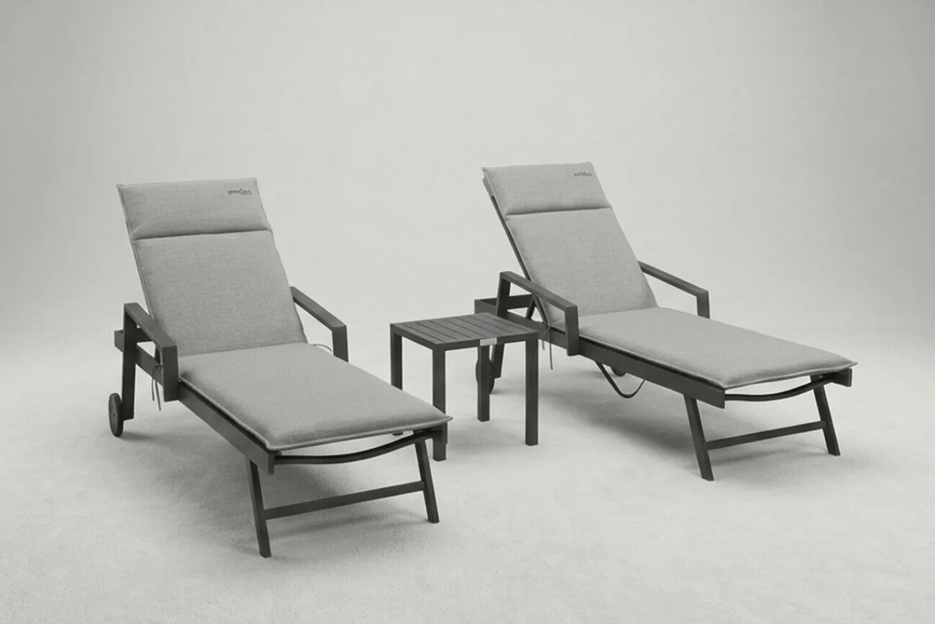 Liegen-Set, anthrazit/nature, Aluminium/Textilene/Polyester, Tisch 40 x 40 cm, 2 Auflagen, Rückenlehne verstellbar, rollbar Gartenliegen|Aluminium-Gartenmöbel