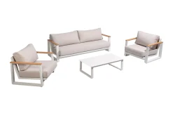 Outlet Loungegarnitur, 4-teilig, beige/weiß, Alu/Holzimitat, Tisch 110 x 60 cm, inkl. Kissen mit Reißverschluss Gartenlounge|Aluminium-Gartenmöbel