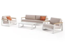 Outlet Loungegarnitur, 4-teilig, beige/weiß, Alu/Holzimitat, Tisch 110 x 60 cm, inkl. Kissen mit Reißverschluss Gartenlounge|Aluminium-Gartenmöbel