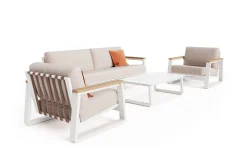 Outlet Loungegarnitur, 4-teilig, beige/weiß, Alu/Holzimitat, Tisch 110 x 60 cm, inkl. Kissen mit Reißverschluss Gartenlounge|Aluminium-Gartenmöbel