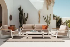 Outlet Loungegarnitur, 4-teilig, beige/weiß, Alu/Holzimitat, Tisch 110 x 60 cm, inkl. Kissen mit Reißverschluss Gartenlounge|Aluminium-Gartenmöbel