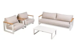 Outlet Loungegarnitur, 4-teilig, beige/weiß, Alu/Holzimitat, Tisch 110 x 60 cm, inkl. Kissen mit Reißverschluss Gartenlounge|Aluminium-Gartenmöbel
