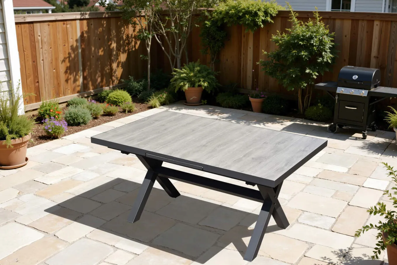 New Louvra Ausziehtisch, anthrazit/Holzoptik, Alu/Keramik, 160/210x100,5cm, Tischplatte aus Keramikfliesen Gartentische