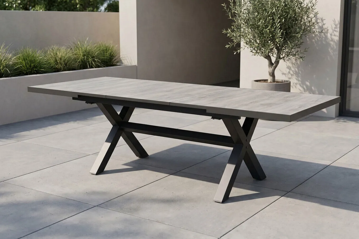 New Louvra Ausziehtisch, anthrazit/Holzoptik, Alu/Keramik, 160/210x100,5cm, Tischplatte aus Keramikfliesen Gartentische