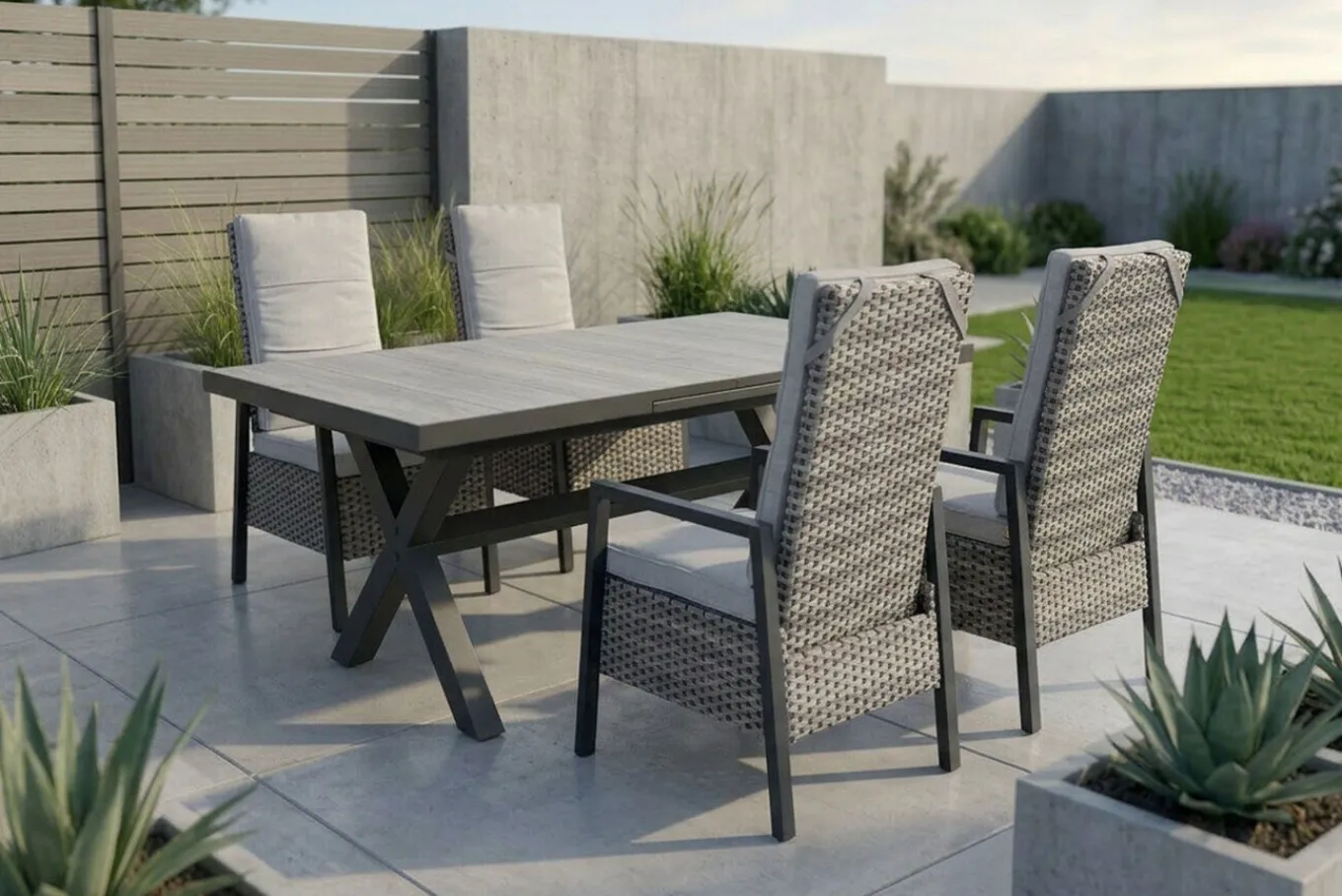 Best Louvra Select Garten-Essgruppe, natur/anthrazit, Polyrattan/Alu, 4 Sessel, Tisch 160/210 x 100 cm Polyrattan-Gartenmöbel|Garten-Essgruppen