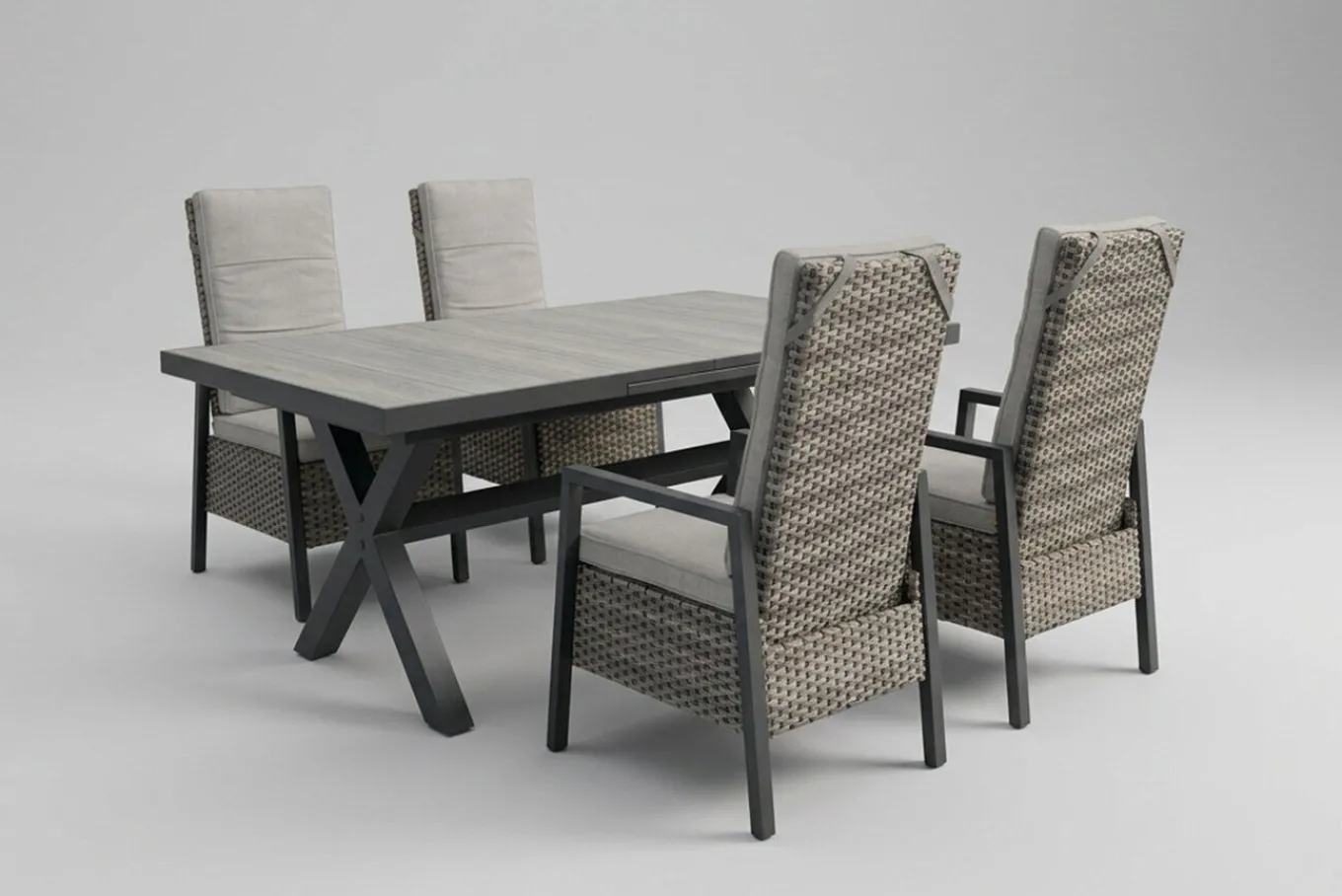 Best Louvra Select Garten-Essgruppe, natur/anthrazit, Polyrattan/Alu, 4 Sessel, Tisch 160/210 x 100 cm Polyrattan-Gartenmöbel|Garten-Essgruppen