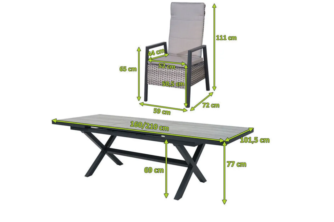 Best Louvra Select Garten-Essgruppe, natur/anthrazit, Polyrattan/Alu, 4 Sessel, Tisch 160/210 x 100 cm Polyrattan-Gartenmöbel|Garten-Essgruppen